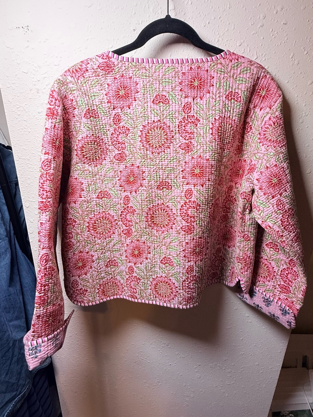 Reversible Quilted Floral Jacket Pink Block Print Cotton Cottagecore croquette - Picture 7 of 14